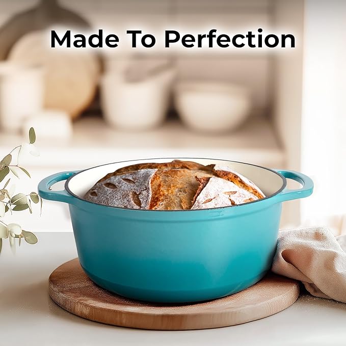 Zulay Kitchen 7.7 Quart Enameled Cast Iron Dutch Oven Pot with Lid – Premium Durability & Oven Safe up to 500°F – Heavy Duty Cookware Perfect for Bread Baking, Stews, Braising & Roasting – Light Blue