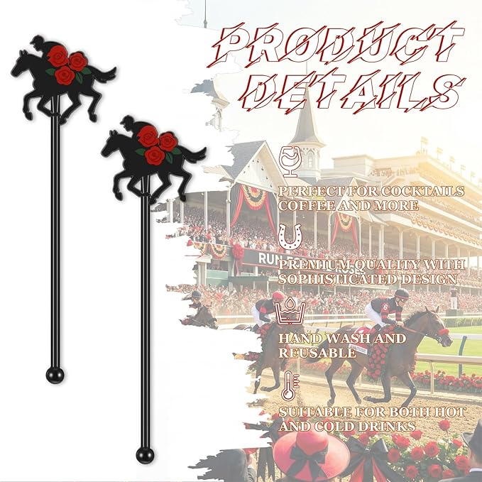 30 Pcs 6 Inch Derby Horse Racing Drink Stirrers with Red Rose, Plastic Racing Swizzle Sticks for Cocktails Reusable Horse Party Decorations for Derby Day Bar Home Party Favors