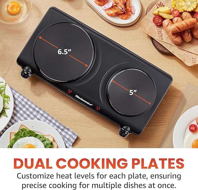 Elite Gourmet EDB-302BF# Countertop Double Cast Iron Burner, 1500 Watts Electric Hot Plate, Temperature Controls, Power Indicator Lights, Easy to Clean, Black