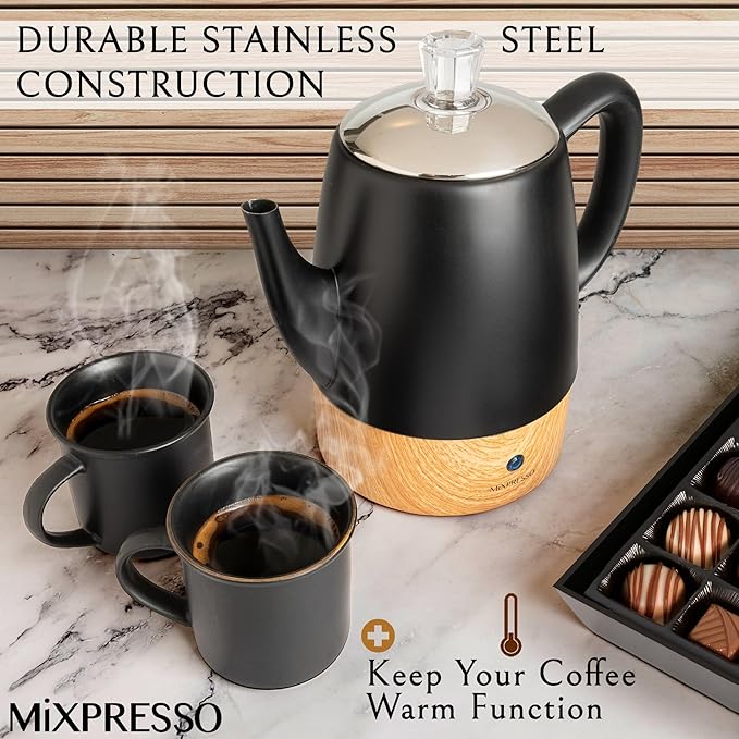 Mixpresso Black Small Electric Percolator Coffee Pot 4 Cup Stainless Steel - Coffee Percolator Electric with Keep Warm Function - Auto Shut-Off for Safe Daily Brewing