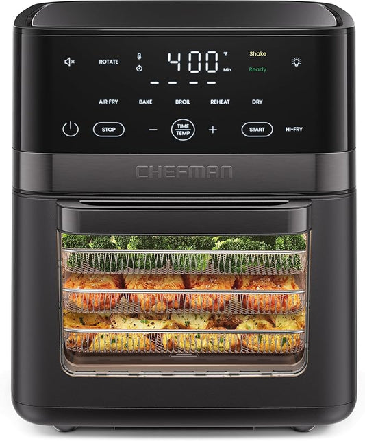 Chefman Air Fryer 6-in-1, XL 14-Quart Multifunctional Airfryer with Touchscreen Controls, Rotisserie, Food Dehydrator, Convection Oven, Bake, Broil, and Reheat Functions, Windowed Door – Black