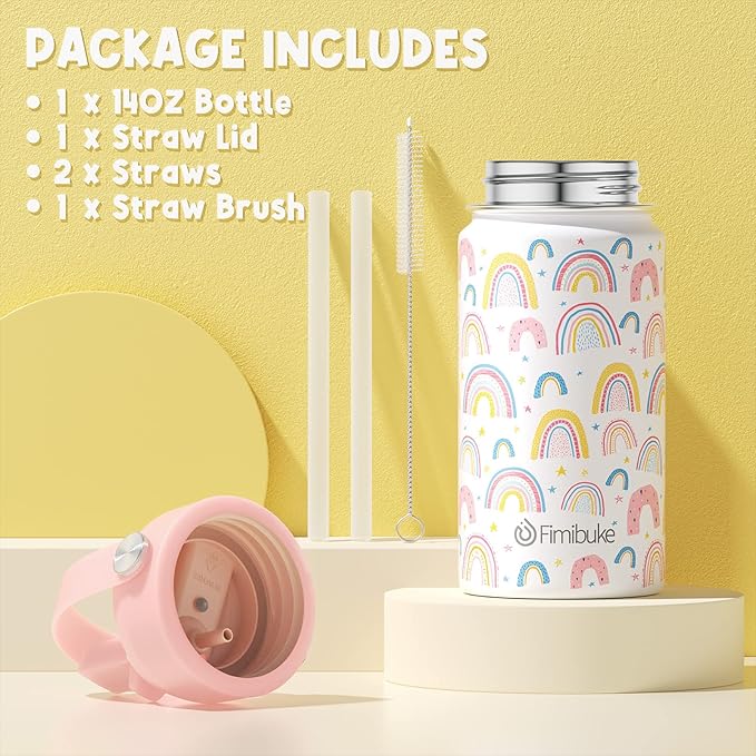 Fimibuke Kids Insulated Water Bottle - 14oz Water Bottle for School Boys Girls + Kids Bento Lunch Box with 4 Compartments, Insulated lunch Bag, Stainless Steel Thermos Food Jar, Ice Pack & Utensils