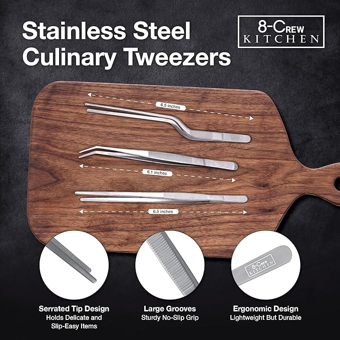 8-CREW KITCHEN Culinary Stainless Steel Tweezers, 6-inch Set of 3 Chef Precision Tongs for Plating, Decorating, Food Design, Bar and Multi-Purpose