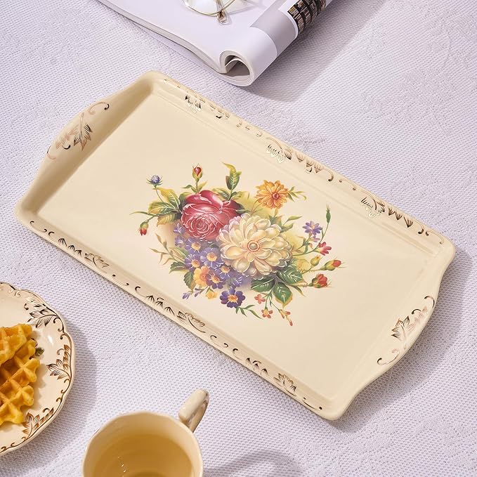 YOLIFE Ceramic Tea Serving Tray, Floral with Gold Leaves Trim Decorative Platter for Tea Party - 13.5 x 7.5 inch