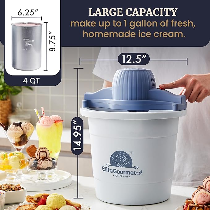 Elite Gourmet 4Qt Electric Ice Cream Maker EIM350 Delicious Homemade Ice Cream, Gelato, Sorbet, Frozen Yogurt, 4Qt Aluminum Freezing Cannister, Durable Plastic Ice Bucket, Powerful 50W, Periwinkle