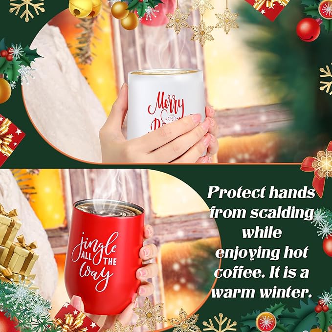 Uiifan 10 Pack Christmas Tumblers Gifts 12 Oz Xmas Funny Tumbler Christmas Stainless Steel Coffee Mugs Set Xmas Insulated Travel Cup with Straw Lid for Family Xmased Holiday Gift (Red White)