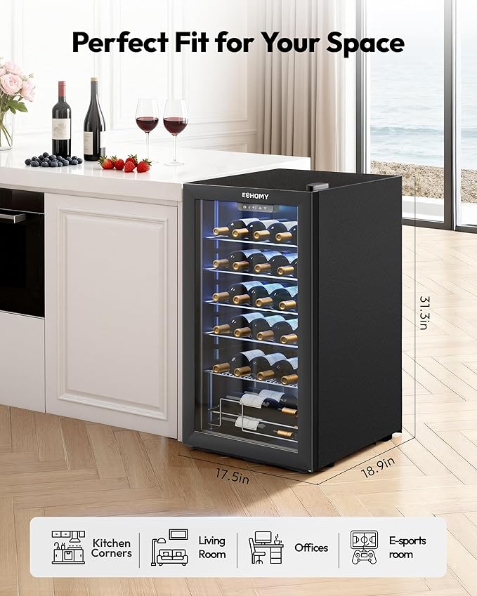EUHOMY 25 bottle Wine Cooler Refrigerator, Freestanding Compressor Wine Fridge with Adjustable Temperature and Digital Control, Mini Fridge with Glass Door for Red White Wine, Beer, Black