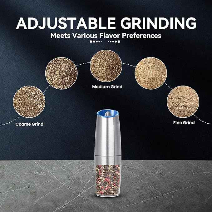 Rechargeable Electric Salt and Pepper Grinder, gravity electric salt and pepper grinder, Adjustable Roughness, LED Light, 1 Pack, (Silver)