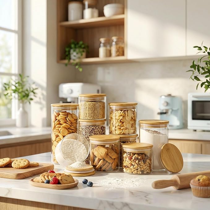 HomArtist Glass Jars with Bamboo Lids 17 FL OZ [Set of 12], Glass Canisters with Airtight Lids, Glass Food Storage Containers for Spice, Coffee, Sugar, Tea, Candies, Cookies,Best for Kitchen & Pantry