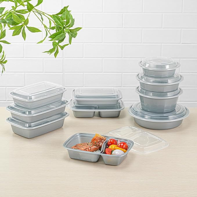 Restaurantware-Asporto 26 Ounce Compartment Take Out Boxes, 100 Microwavable Meal Prep Containers - 2 Compartments, With Clear Plastic Lids, Silver Plastic Food Containers, Do Not Contain BPA