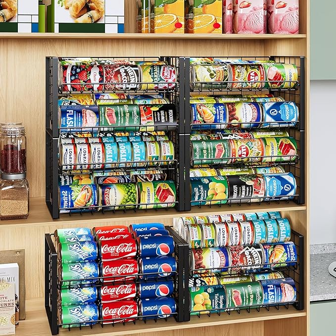 JKsmart 2-Tier Stackable Rack Organizer for Pantry, Adjustable Dispenser Holds Up to 120 Cans, Storage Holder for Various Ounces of Canned Drinks, Black, 4 Pack