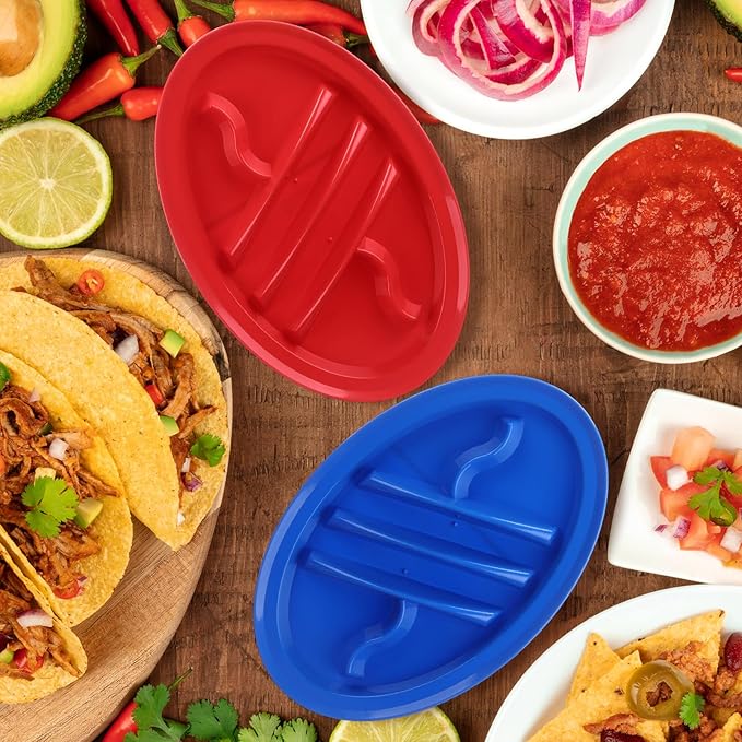 30 Pack Taco Plates Holders with Dividers 3 Color Plastic Taco Trays with 4 Dipping Areas Cinco De Mayo Tacos Night Party Supplies, Stand up Divider for 2 Tacos Tuesday Mexican Party