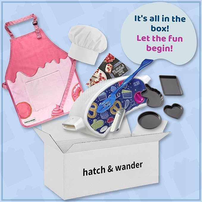 hatch & wander Kids Baking Set Bundle | 4 Pan Set | Kids Apron & Chef Hat | Oven & Mix (included mix may vary)