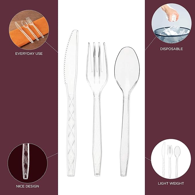 Party Bargains Clear Plastic Cutlery 720 pcs: 360 Forks, 240 Spoons, 120 Knives. Argyle Design, Heavy Duty & Solid Disposable Silverware Utensils Combo Pack Set for Weddings, Buffets, Luncheons