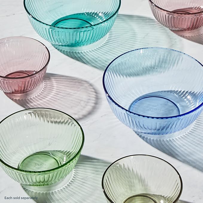 Pyrex Colors (3-Pack, Full Set) Sculpted Tinted Glass Mixing Bowls With Plastic Lids, Nesting Space Saving Set of Bowls For Prepping and Baking, 1.3QT, 2.3QT & 4.5Q, (Pink, Green, Blue)
