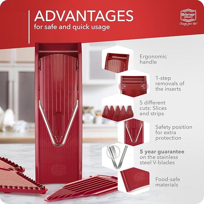 Mandoline Food Slicer Börner V1 (Starter Set) by Reston Lloyd • V-Slicer with 3 Blade Inserts & Food Holder • Made in Germany • Fruit & Vegetable Chopper • Multiple Settings • Color: Red