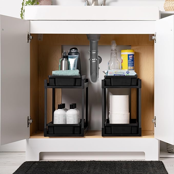 IRIS USA Under Sink Organizer, 4 Pack, Bathroom Organizers and Storage, Pull Out Under Cabinet Kitchen Shelf Pantry Under Counter, Cleaning Supplies, Vertical Spice Rack Slide Out Drawer, Easy Install