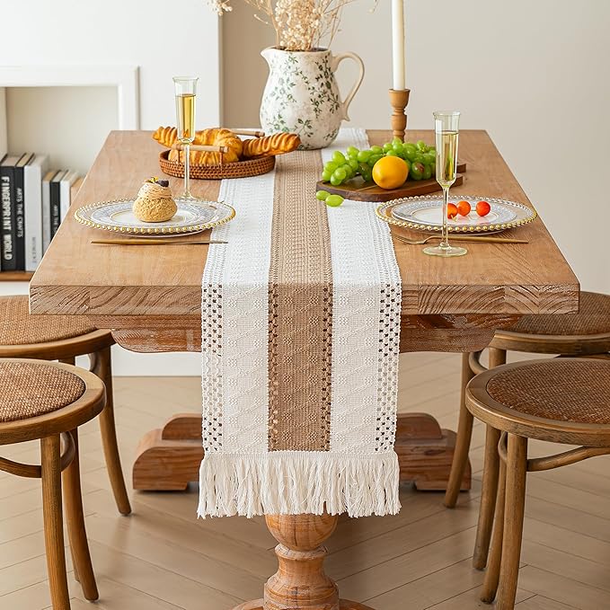 FEXIA Boho Table Runner for Spring Home Decor with Tassels 72 Inches Long Farmhouse Rustic Table Runner Macrame Burlap Table Decoration for Kitchen Living Room Bridal Shower(12x72 Inches)