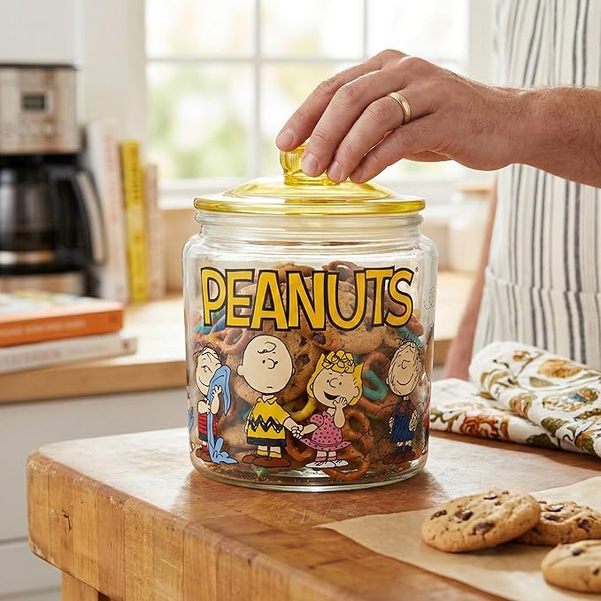 Silver Buffalo Peanuts Squad Featuring Charlie Brown, Snoopy, Schroeder, Lucy, Linus, Sally, Pigpen, Woodstock, and Franklin Glass Cookie Snack Candy Jar with Lid (Small)