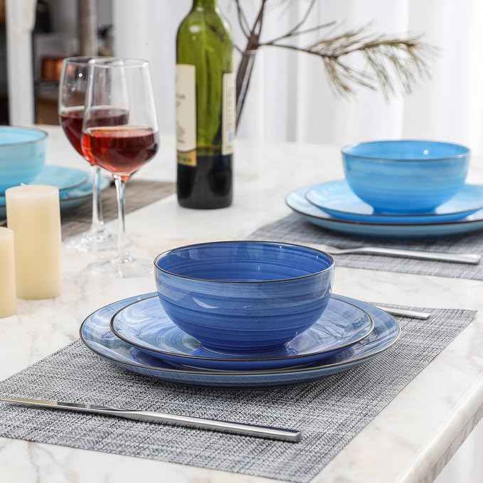 Selamica Ceramic Plates and Bowls Set, 24 Pieces Dinnerware Sets for 6, Scratch Resistant Dishes Set, Handpainted Swirl with Spot Dishwasher & Microwave Safe, Gradient Blue