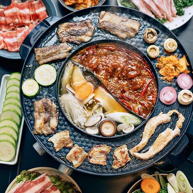 Food Party Hot Pot Electric Korean BBQ Grill 2 in 1 Hotpot Smokeless Indoor Grill Removable Cooking Plate Easy Cleaning 110V 1800W Shabu Shabu Pot with Divider