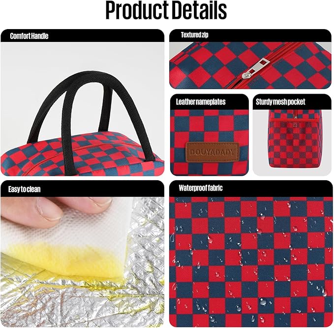douyadady Lunch Bag Women/Men Lunch Box Women/Men (Dark blue+Red Checkerboard)