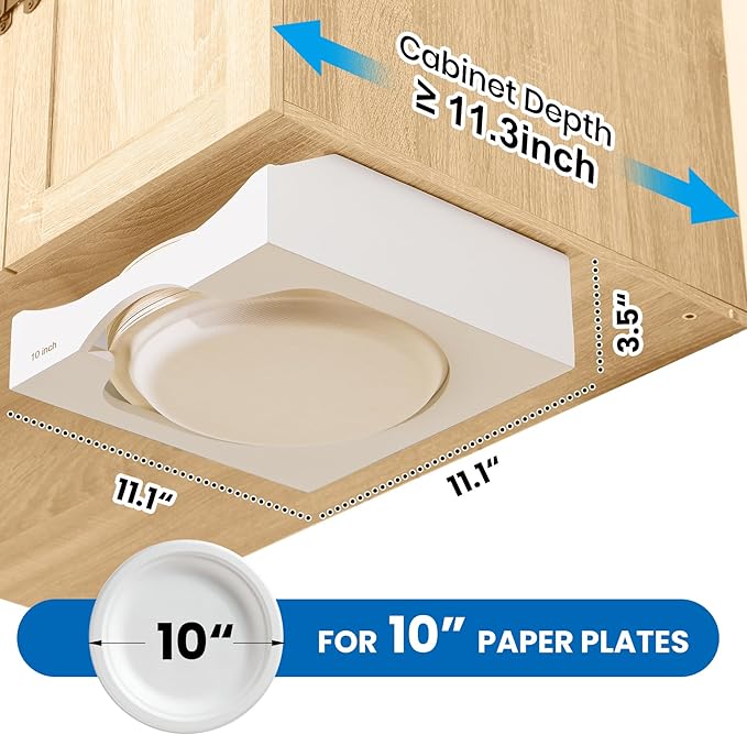 10-inch Paper Plate Dispenser Under Cabinet, Bamboo Paper Plate Holders, Kitchen Counter Vertical Plate Dispensers Holders Countertop Caddy (For 10-inch Plates, White)