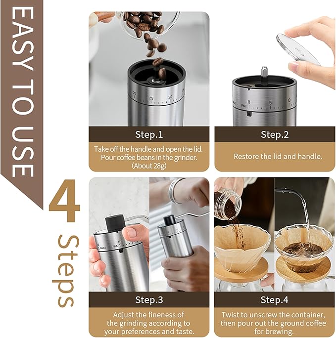Portable Coffee Grinder Conical Burr for Espresso French Press Pour Over Double Bearing Internal Adjustment Capacity 25g (Silver-Ceramic Burr)