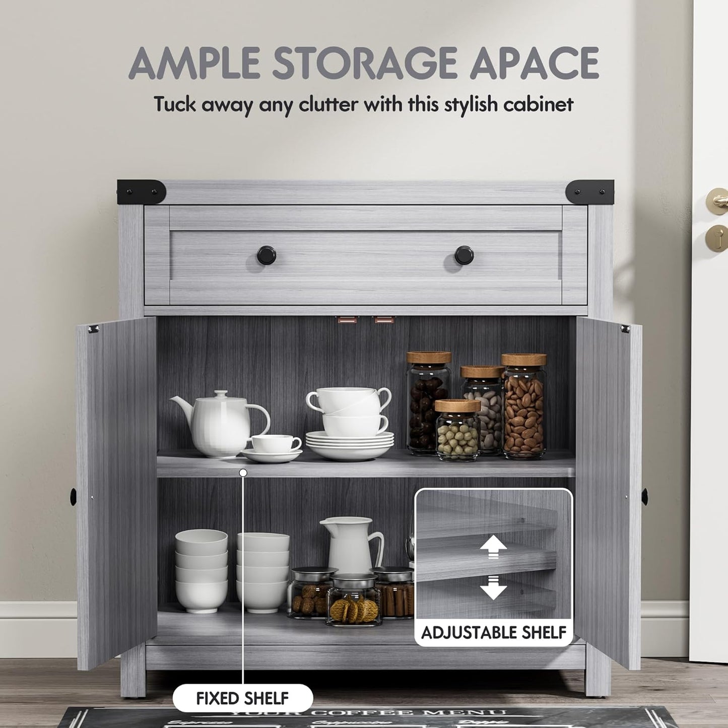 YESHOMY Farmhouse Coffee Bar Cabinet Sideboards, with Barn Doors, Spacious Drawer, Adjustable Interior Shelf, Generous Top Surface, for Kitchen, Bathroom, Entryway, Living Room, Pure Gray