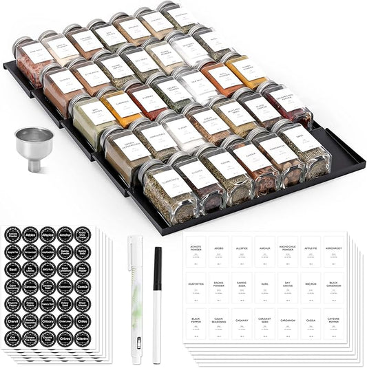 MIUKAA Spice Drawer Organizer with 34 Spice Jars, 378 Spice Labels, 5 Tier - 5 Pack Metal Spice Rack Tray for Drawer/Countertop, 13.7" Wide x 22.6" Deep (Black)
