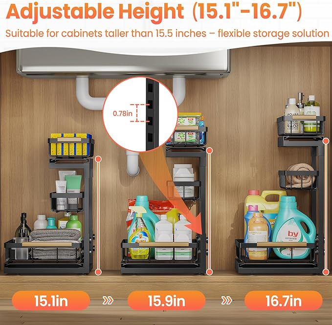 Under Sink Organizer and Storage for Bathroom and Kitchen - 2 Pack 3 Tier Under Cabinet Pull Out Shelf Organizers - Slide Out Drawer Organization for Home Cabinets Shelves and Drawers