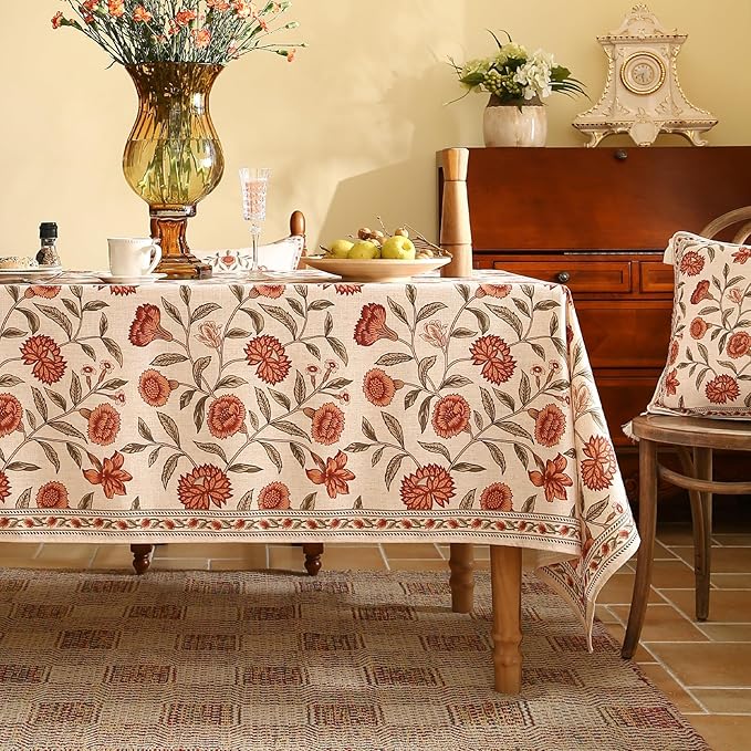 ISAENNE Designer French Extra Long Rectangular Tablecloth,Linen Orange Floral Pattern Indoor Table Cloth,Wrinkle Resistant Decor Table Cloth for Dining Thanksgiving Kitchen,67"*118"-Alvarado D