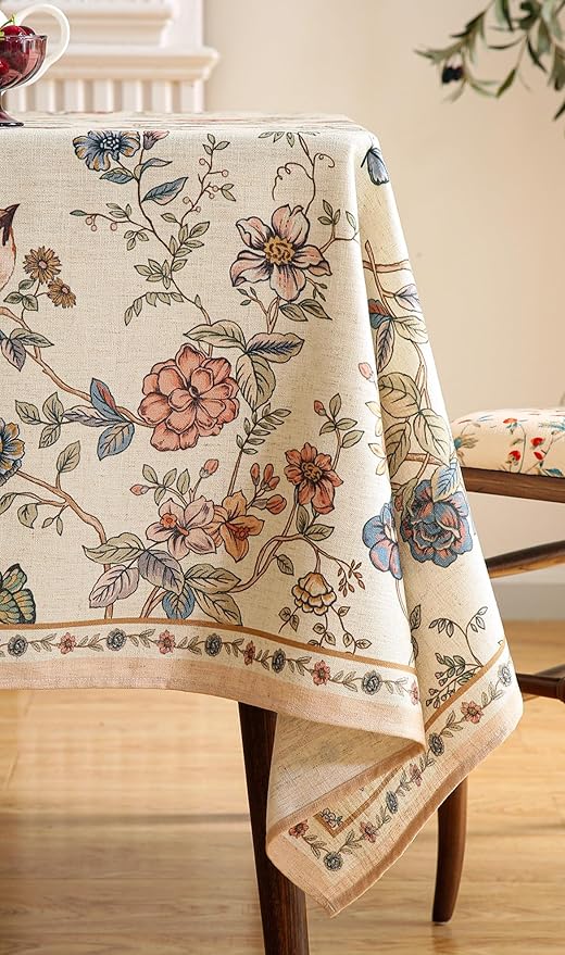 ISAENNE Designer French Light Beige Long Tablecloth Rectangle,Linen Florals and Birds Pattern Table Cloth,Anti-Wrinkle Decorative Tablecloths for Dining Thanksgiving Kitchen,63"*102"-Cornucopia