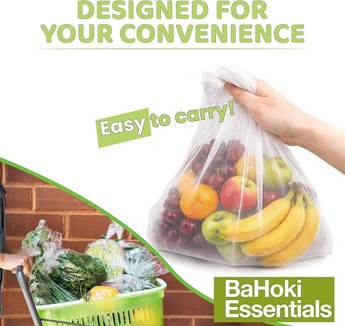 BaHoki Essentials Lightweight Mesh Produce Bags - Reusable, Washable, and Breathable - for Grocery, Fruits, Vegetables, and Home Storage - 5 Pack
