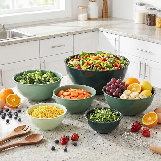 LemonRoad 6 Pcs Plastic Mixing Bowl Set with Lids Colorful Serving Bowl Nesting Storage Bowls for Kitchen, Baking, Prepping, Cooking and Serving Food, Dishwasher & Microwave Safe(Green)