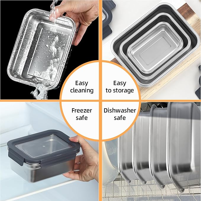 BEFOY Stainless Steel Food Storage Containers with Lids Airtight Bento Lunch Box for Kitchen Leak Proof Meal Prep Stackable Set of 3(450/1100/2500)