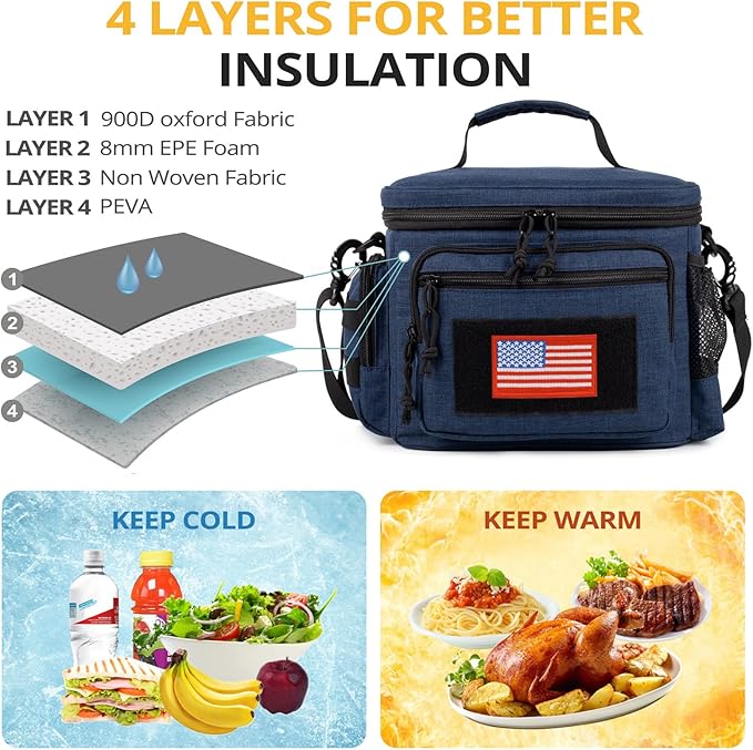 Lunch Box for Men, Tactical Lunch Bag MOLLE Webbing Leakproof Insulated Lunch Cooler Women Adult Meal with Adjustable Shoulder Strap Lunch Pail (Blue)