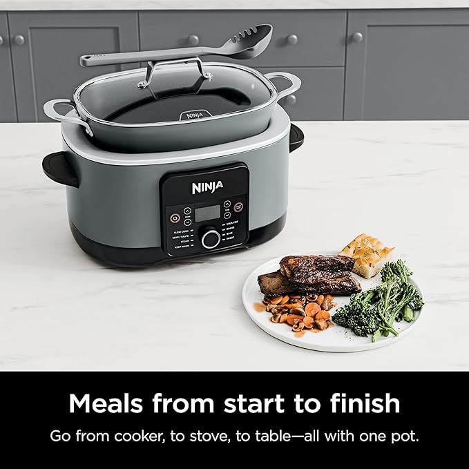 Ninja MC1001 Foodi PossibleCooker PRO 8.5 Quart Multi-Cooker, with 8-in-1 Slow Cooker, Dutch Oven, Steamer, Glass Lid Integrated Spoon, Nonstick, Oven Safe Pot to 500°F, Sea Salt Gray