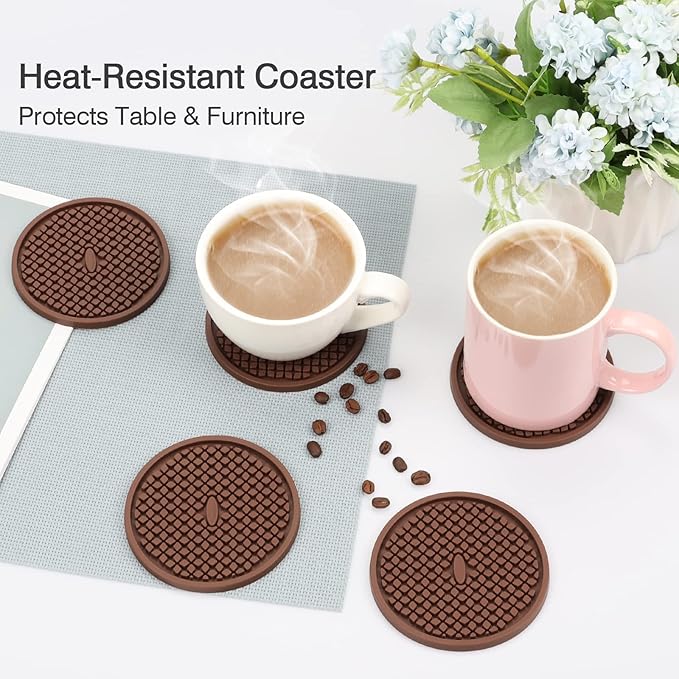 3 Pack Silicone Coasters for Drinks, Thickened Coaster with Deep Tray Grooved Design Cup Mat, Washable Heat Resistant Durable Non-Slip Coasters for Coffee Table Wooden Desk Kitchen Bar (Brown)