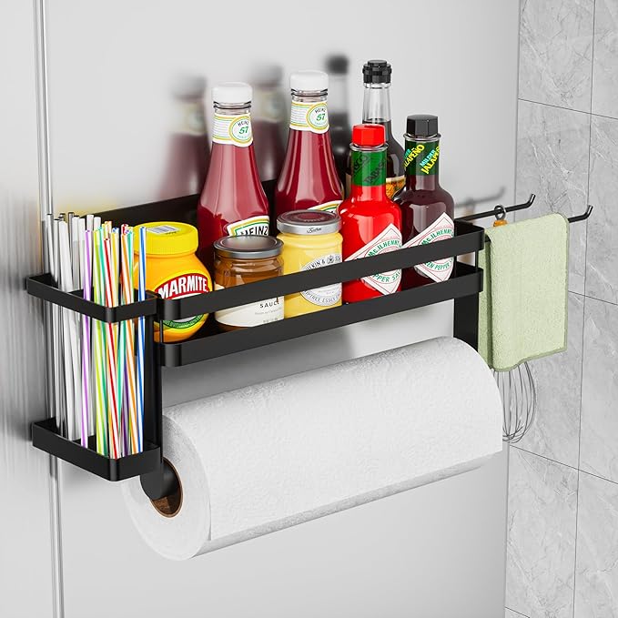 ZUNTO Magnetic Paper Towel Holder with Extra Straws Holder, Strong Magnet Paper Towel Roll Rack for Fridge with Spice Shelf and 2 Hooks, No Drilling Kitchen Organizer for Refrigerator, RV, Bathroom