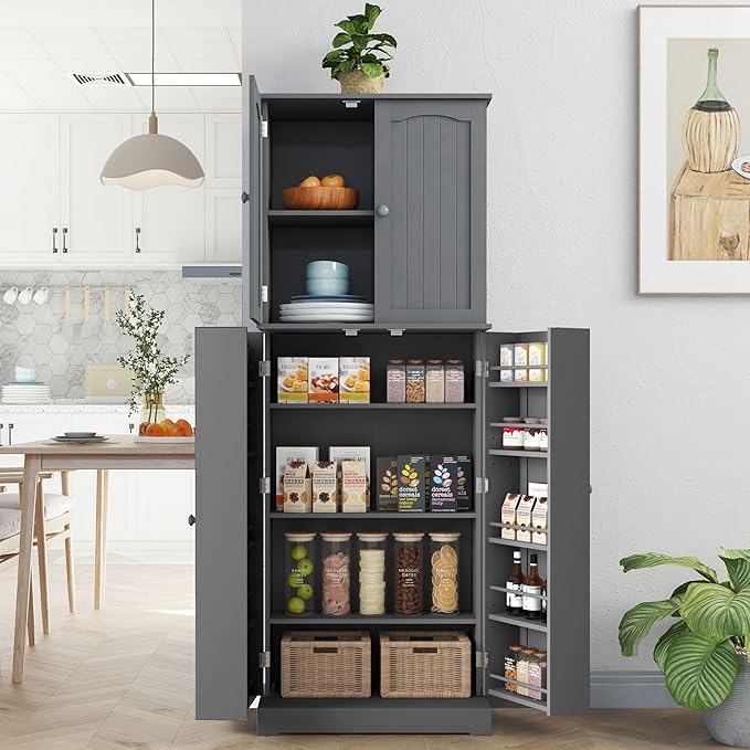 Yusong 64'' Grey Kitchen Storage Cabinet, Tall Pantry Cabinet with Doors and Shelves, 17 Cubic Feet, Freestanding for Kitchen, Dining, Living Room