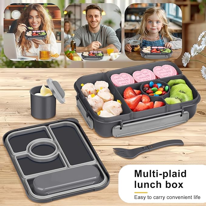 Amathley Bento Box Adult Lunch Box Kids,Lunch Containers for Adults/Kids/Toddler,5 Compartments Bento Lunch Box with Sauce Vontainers,Microwave & Dishwasher & Freezer Safe,BPA-Free (Dark Gray)