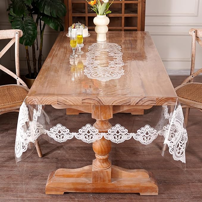 Clear Table Cover Protector Vinyl Table Cloth Rectangle with Lace Pattern Oil Spill Proof Vintage Rustic Plastic Table Covers for Dining Tables (White Lace, 52 x 70 Inches)