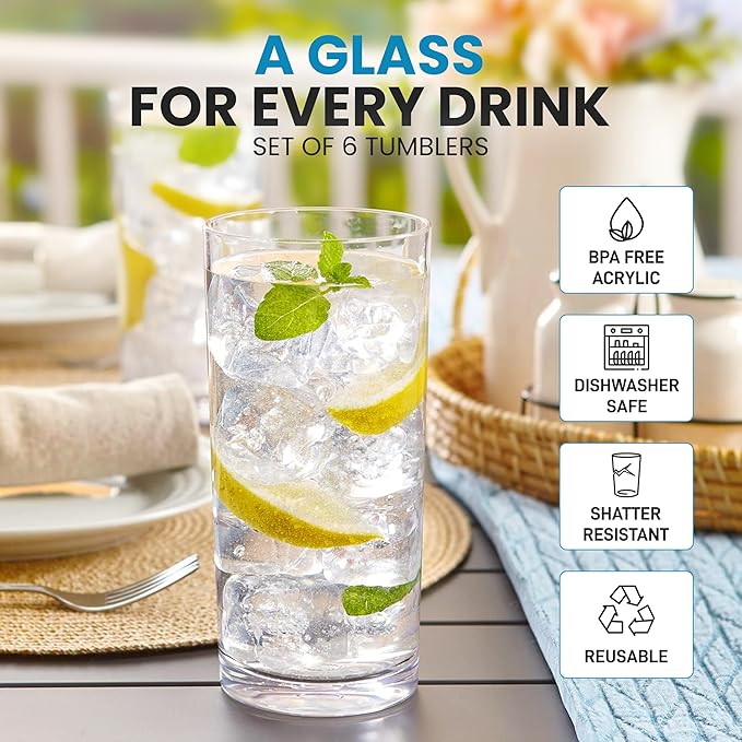 Zulay Kitchen Plastic Drinking Glasses (Set of 6) – 24oz Acrylic Shatterproof Water Cups for Home, Kitchen & Outdoors – Crystal Clear Glass Look – BPA & Lead-Free – Top-Rack Dishwasher Safe