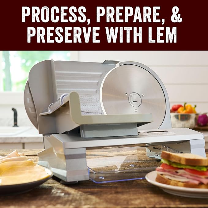 LEM Products 8 ½ Inch Aluminum Electric Meat Slicer Machine, Includes Two Stainless Steel Blades, Serrated and Fine, Silver