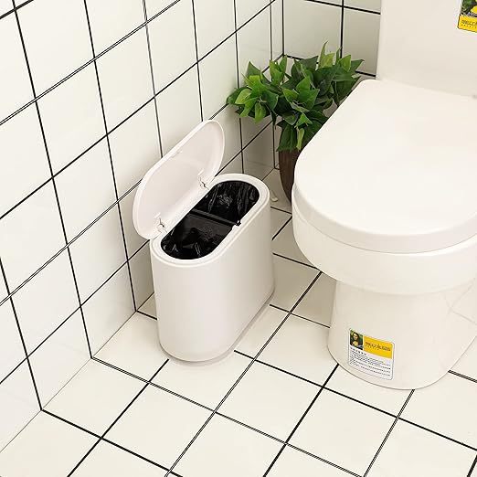 12L White Slim Bathroom Trash Can with Press Top Lid,3.17 Gallon Pet/Dog Proof Kitchen Trash Can,Thin Garbage Can,Covered Wastebasket,Narrow Small Plastic Trashcan for Craft Room,Bedroom,Office,Dorm