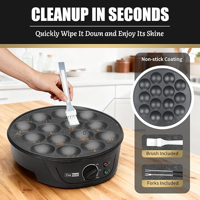 FineMade Non Stick Mini Pancakes Maker Machine, Electric Poffertjes Pan with Browning Control, Small Ebelskiver Aebleskiver Pan, Dutch Mini Pancake Maker, with Brush & Forks, 14 Slots, Black