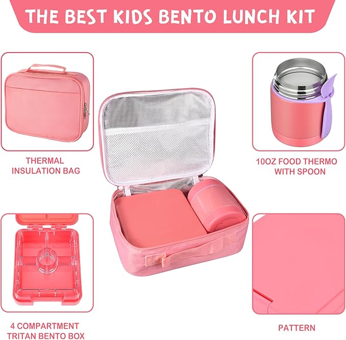 Pawtong Bento Lunch Box Set With 10oz Soup Thermo, Leak-proof Lunch Containers with 4 Compartment, Kids Hot Thermo Food Jar/Insulation Lunch Bag, Food Containers for School（Solid）