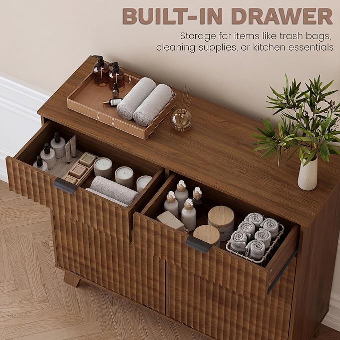 Double Tilt Out Laundry Hamper Cabinet, 20 Gallon Wooden Trash Can Cabinet with Storage Drawers, Hidden Fluted Bathroom Storage Cabinet for Kitchen, Living Room (Walnut Wood, 39.34"W x 35.83"H x 13"D)