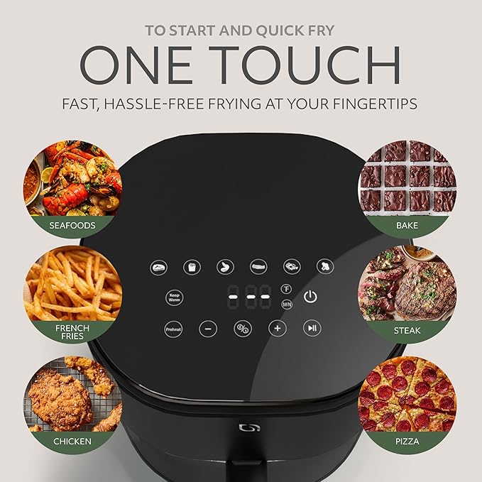 WILLOW Eco Series 6 in 1 Air Fryer with Glass Basket, 5 Quart Non Toxic Glass Air Fryer w Digital Display, 430°F Max Temp, Preheat & Keep Warm Function, Compact + Dishwasher Safe Airfryer -BLACK